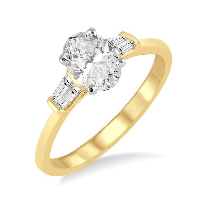 1/2 Ctw Baguette and Oval Cut Diamond Ladies Engagement Ring with 1/3 Ct Oval Cut Center Stone in 14K Yellow and White Gold