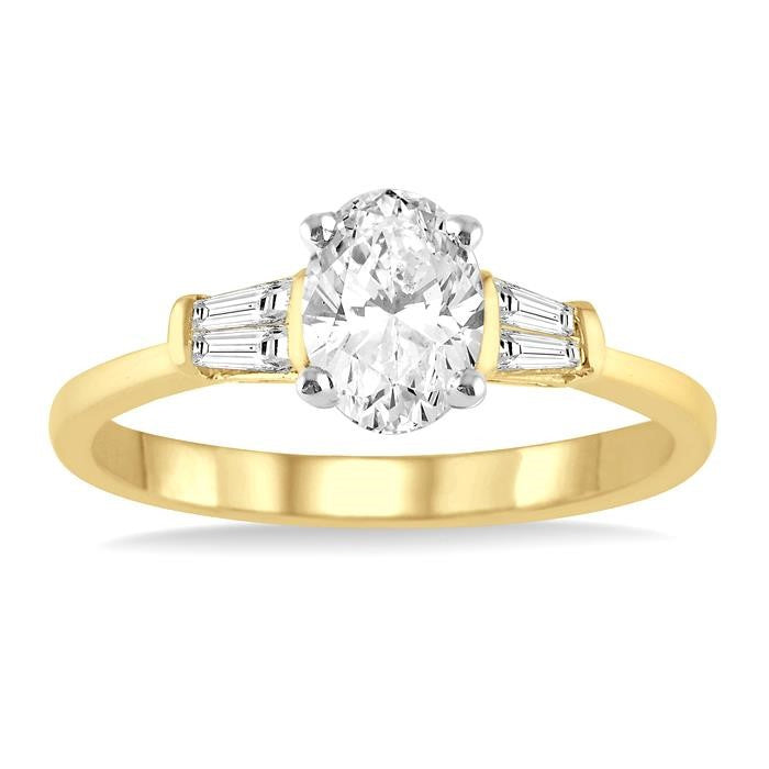 1/2 Ctw Baguette and Oval Cut Diamond Ladies Engagement Ring with 1/3 Ct Oval Cut Center Stone in 14K Yellow and White Gold