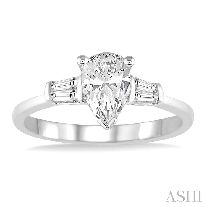 1/2 Ctw Baguette and Pear Cut Diamond Ladies Engagement Ring with 1/3 Ct Pear Cut Center Stone in 14K White Gold