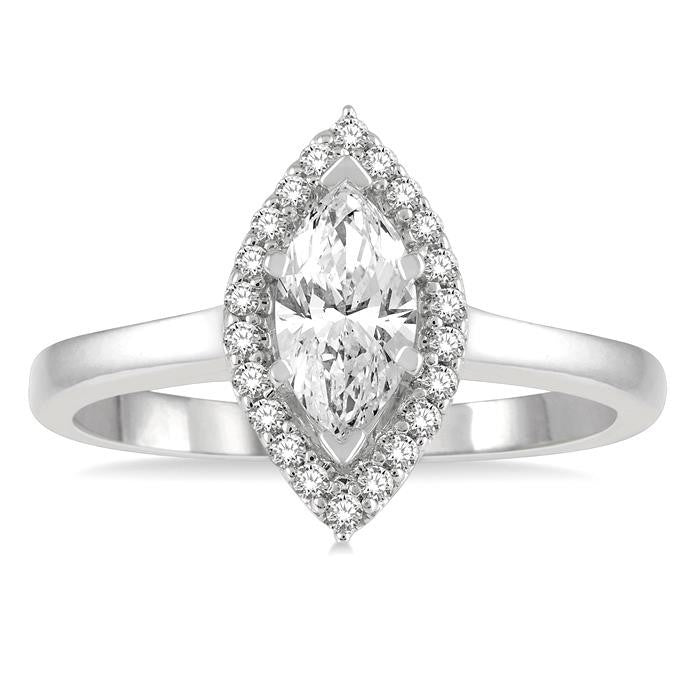 5/8 Ctw Round Cut Diamond Engagement Ring With 1/2 Ct Marquise Cut Center Stone in 14K White Gold