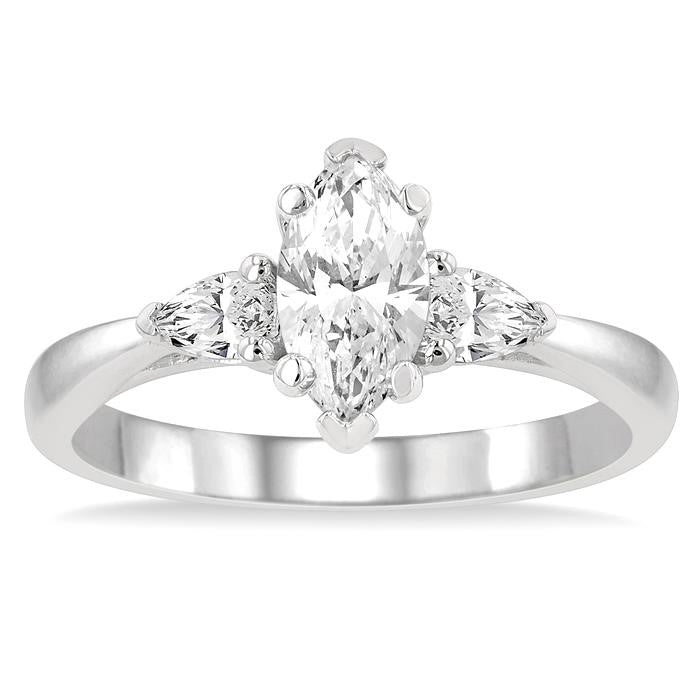 3/4 Ctw Tri-Mount Diamond Engagement Ring With 1/2 Ctw Marquise Cut Center Stone in 14K White Gold