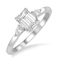 3/4 Ctw Octagon Emerald and Pear Cut Diamond Ladies Engagement Ring with 1/2 Ct Emerald Cut Center Stone in 14K White Gold
