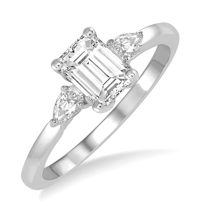 3/4 Ctw Octagon Emerald and Pear Cut Diamond Ladies Engagement Ring with 1/2 Ct Emerald Cut Center Stone in 14K White Gold