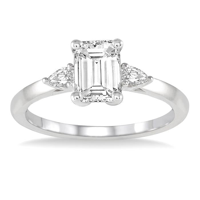 3/4 Ctw Octagon Emerald and Pear Cut Diamond Ladies Engagement Ring with 1/2 Ct Emerald Cut Center Stone in 14K White Gold