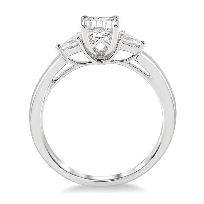 3/4 Ctw Octagon Emerald and Pear Cut Diamond Ladies Engagement Ring with 1/2 Ct Emerald Cut Center Stone in 14K White Gold