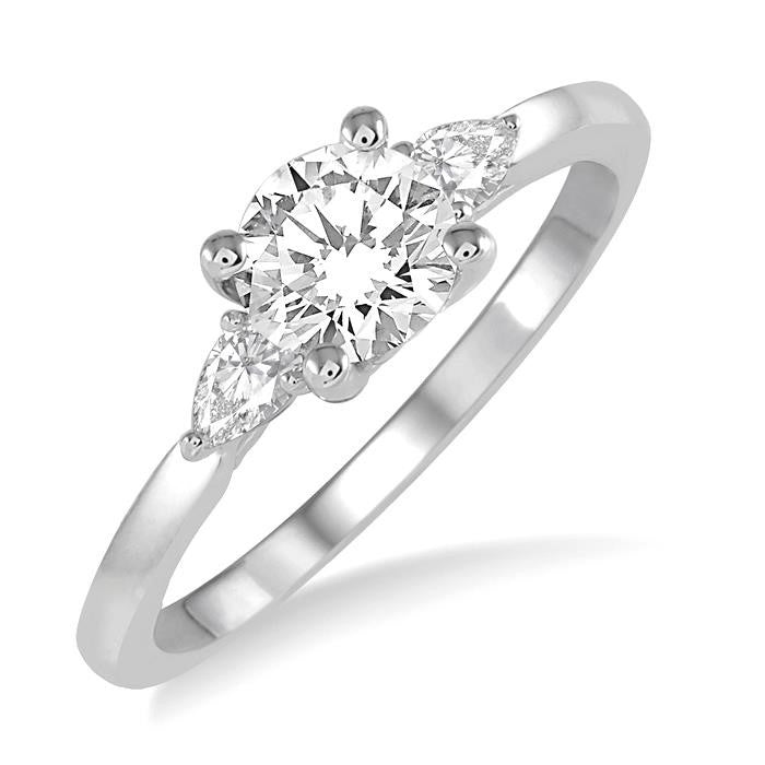 3/4 Ctw Pear and Round Cut Diamond Ladies Engagement Ring With 1/2 Ct Round Cut Center Stone in 14K White Gold