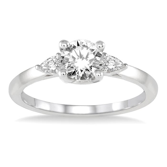 3/4 Ctw Pear and Round Cut Diamond Ladies Engagement Ring With 1/2 Ct Round Cut Center Stone in 14K White Gold