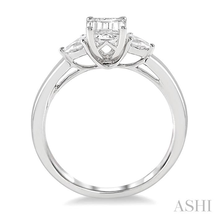 3/4 Ctw Octagon Emerald and Pear Cut Diamond Ladies Engagement Ring with 1/2 Ct Emerald Cut Center Stone in 14K White Gold