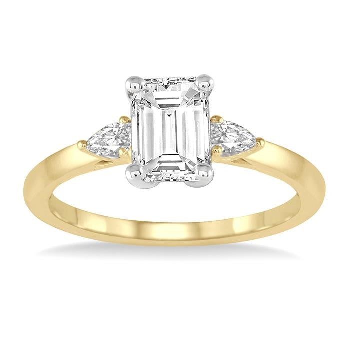 1/2 Ctw Octagon Emerald and Pear Cut Diamond Ladies Engagement Ring with 1/3 Ct Emerald Cut Center Stone in 14K Yellow and White Gold