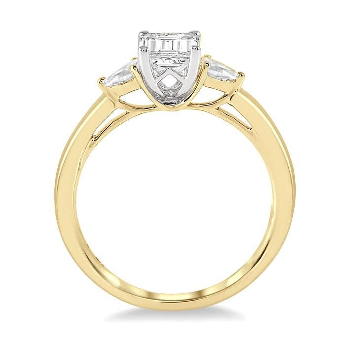 1/2 Ctw Octagon Emerald and Pear Cut Diamond Ladies Engagement Ring with 1/3 Ct Emerald Cut Center Stone in 14K Yellow and White Gold