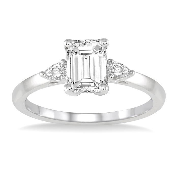1/2 Ctw Octagon Emerald and Pear Cut Diamond Ladies Engagement Ring with 1/3 Ct Emerald Cut Center Stone in 14K White Gold