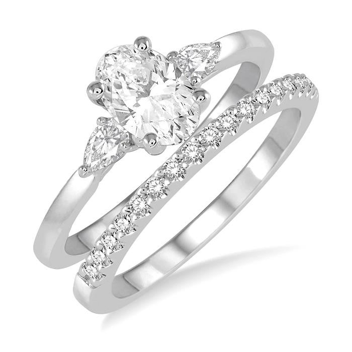 5/8 Ctw Diamond Wedding Set With 1/2 Ctw Oval & Pear Cut Engagement Ring and 1/10 Ctw Round Cut Diamond Wedding Band in 14K White Gold