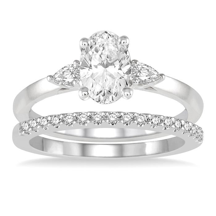 5/8 Ctw Diamond Wedding Set With 1/2 Ctw Oval & Pear Cut Engagement Ring and 1/10 Ctw Round Cut Diamond Wedding Band in 14K White Gold