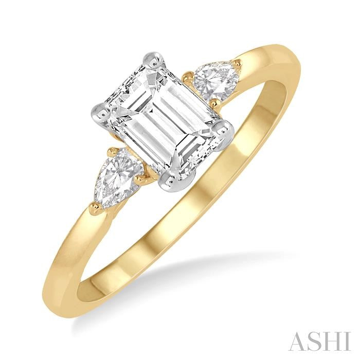1/2 Ctw Octagon Emerald and Pear Cut Diamond Ladies Engagement Ring with 1/3 Ct Emerald Cut Center Stone in 14K Yellow and White Gold
