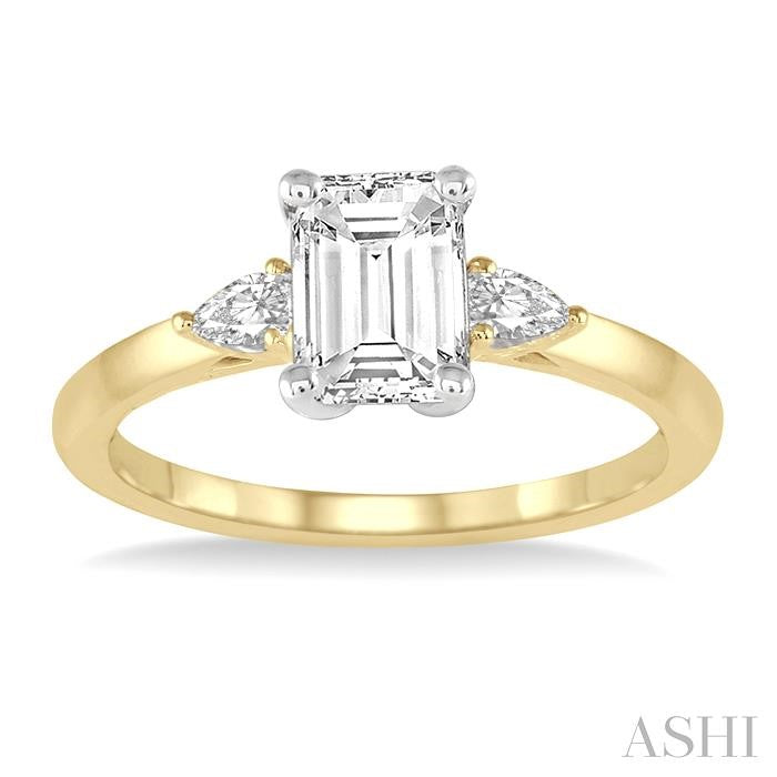 1/2 Ctw Octagon Emerald and Pear Cut Diamond Ladies Engagement Ring with 1/3 Ct Emerald Cut Center Stone in 14K Yellow and White Gold