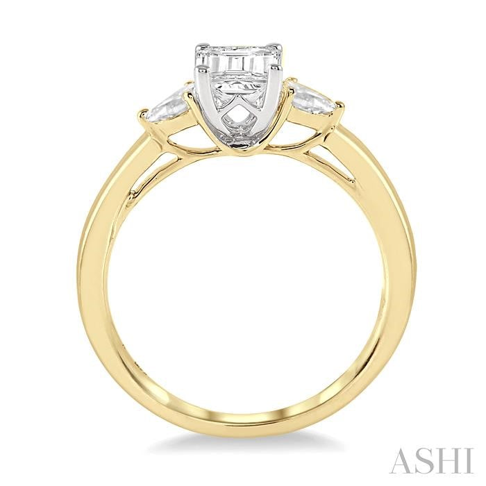 1/2 Ctw Octagon Emerald and Pear Cut Diamond Ladies Engagement Ring with 1/3 Ct Emerald Cut Center Stone in 14K Yellow and White Gold