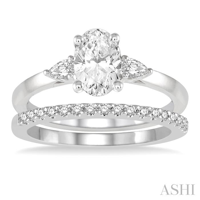 5/8 Ctw Diamond Wedding Set With 1/2 Ctw Oval & Pear Cut Engagement Ring and 1/10 Ctw Round Cut Diamond Wedding Band in 14K White Gold