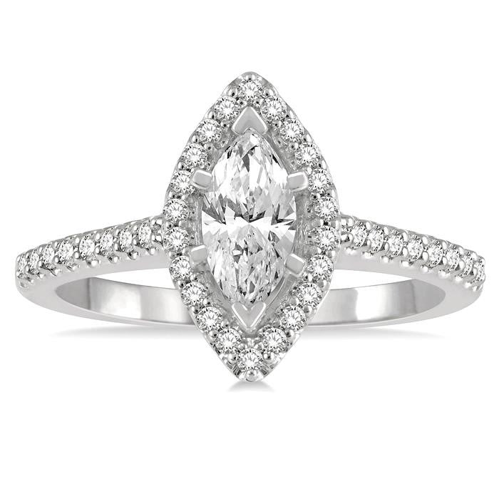 3/4 Ctw Round Cut Diamond Engagement Ring With 1/2 Ct Marquise Cut Center Stone in 14K White Gold