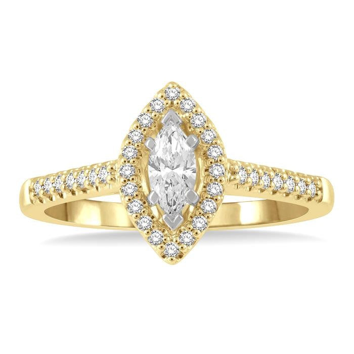 1/2 Ctw Round Cut Diamond Engagement Ring With 1/4 Ct Marquise Cut Center Stone in 14K Yellow and White Gold