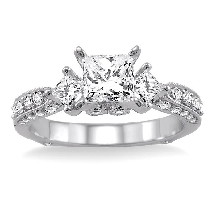 1 1/2 Ctw Diamond Engagement Ring with 3/4 Ct Princess Cut Center Stone in 14K White Gold