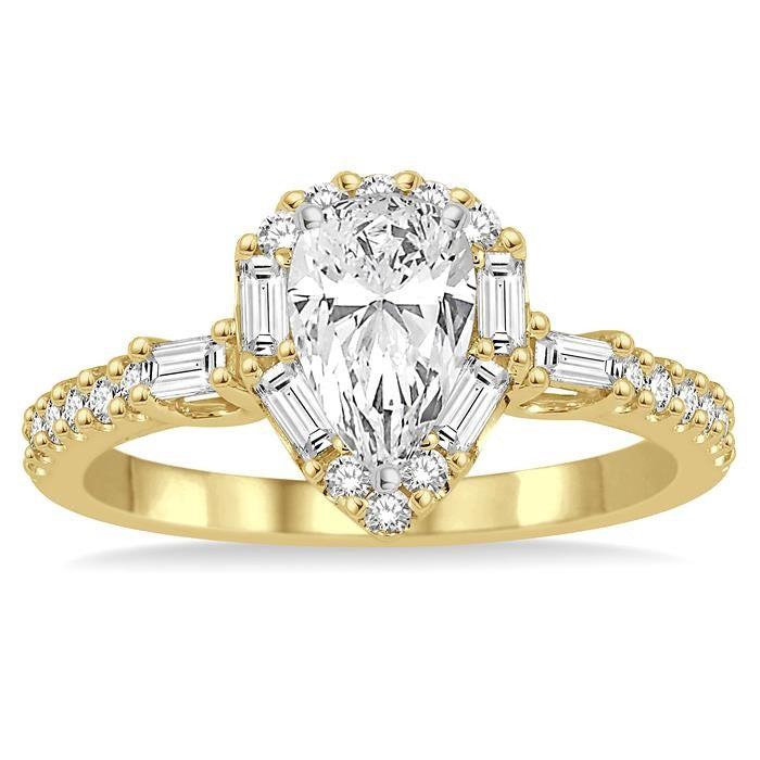 1 Ctw Diamond Engagement Ring with 1/2 Ct Pear Shape Center Stone in 14K Yellow and White Gold