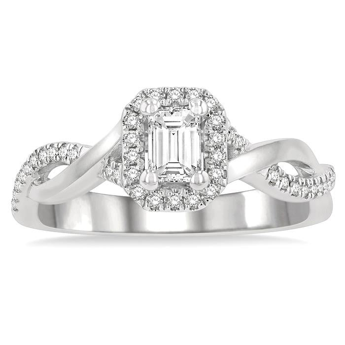 1/2 Ctw Twisted Shank Round & Emerald Cut Diamond Engagement Ring With 1/3 Ctw Emerald Cut Center Stone in 14K White Gold