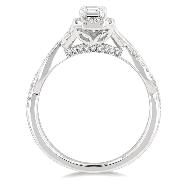 1/2 Ctw Twisted Shank Round & Emerald Cut Diamond Engagement Ring With 1/3 Ctw Emerald Cut Center Stone in 14K White Gold