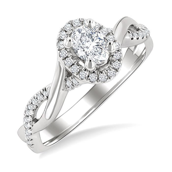 1/2 Ctw Twisted Shank Round Cut Diamond Halo Engagement Ring With 1/3 Ct Oval Cut Diamond Center Stone in 14K White Gold