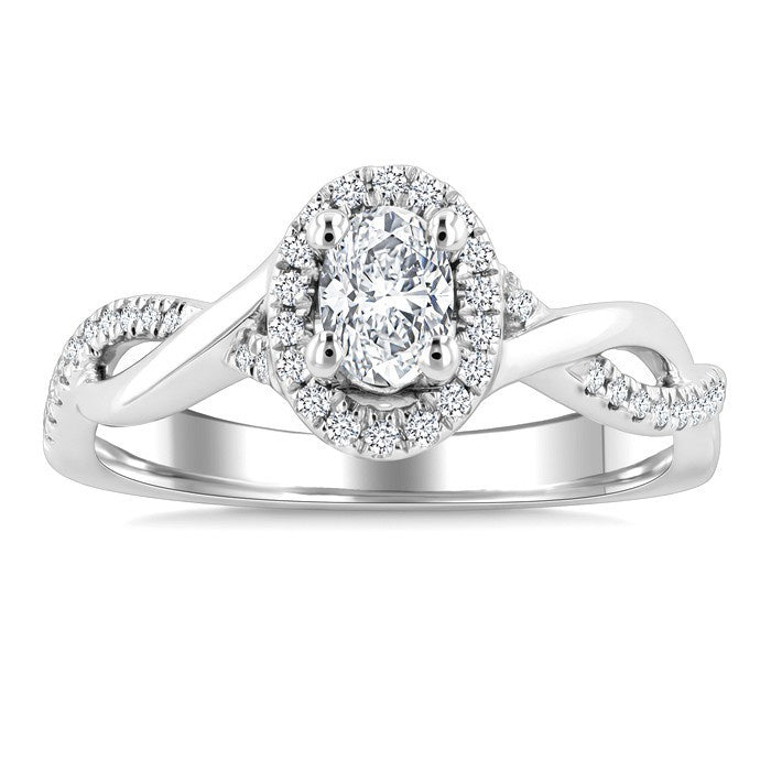 1/2 Ctw Twisted Shank Round Cut Diamond Halo Engagement Ring With 1/3 Ct Oval Cut Diamond Center Stone in 14K White Gold