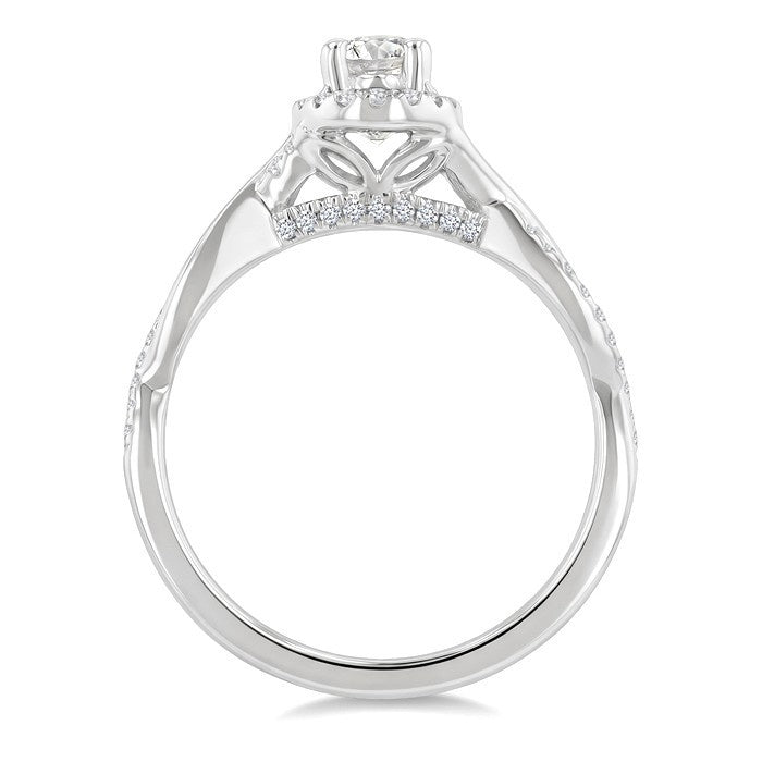 1/2 Ctw Twisted Shank Round Cut Diamond Halo Engagement Ring With 1/3 Ct Oval Cut Diamond Center Stone in 14K White Gold
