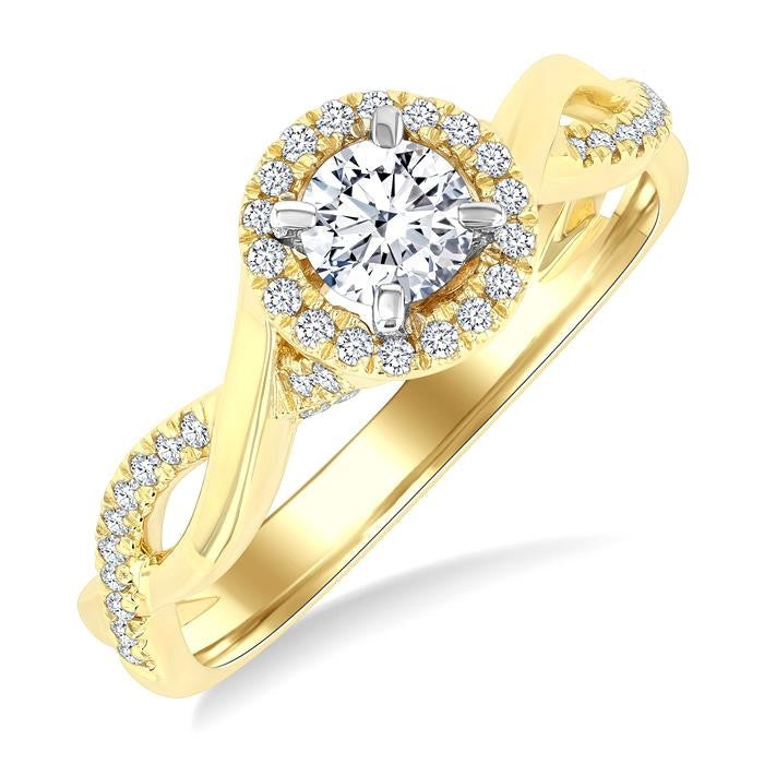 1/2 Ctw Circular Shape Open Twist Shank With 1/3 Ctw Center Stone Round Cut Diamond Halo Engagement Ring in 14K Yellow and White Gold