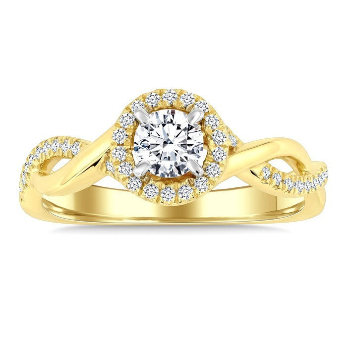 1/2 Ctw Circular Shape Open Twist Shank With 1/3 Ctw Center Stone Round Cut Diamond Halo Engagement Ring in 14K Yellow and White Gold