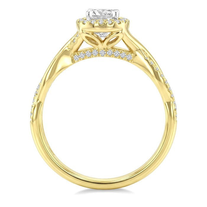 1/2 Ctw Circular Shape Open Twist Shank With 1/3 Ctw Center Stone Round Cut Diamond Halo Engagement Ring in 14K Yellow and White Gold