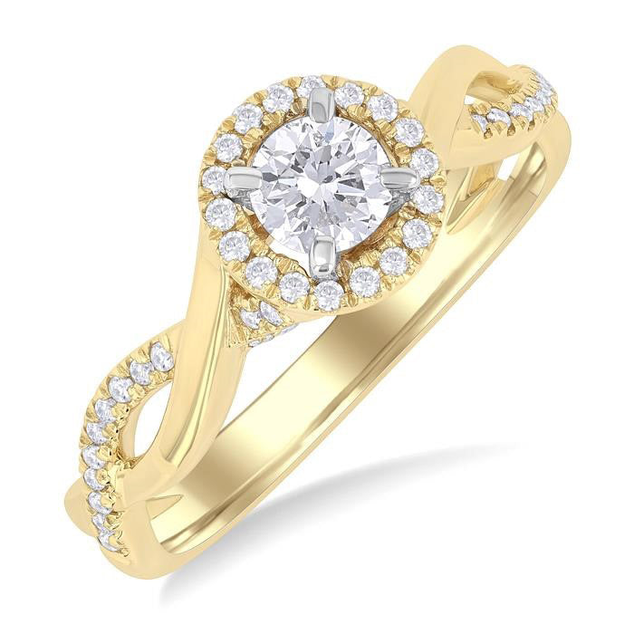 1/2 Ctw Circular Shape Open Twist Shank With 1/3 Ctw Center Stone Round Cut Diamond Halo Engagement Ring in 14K Yellow and White Gold