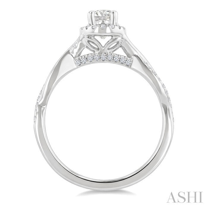 1/2 Ctw Twisted Shank Round Cut Diamond Halo Engagement Ring With 1/3 Ct Oval Cut Diamond Center Stone in 14K White Gold