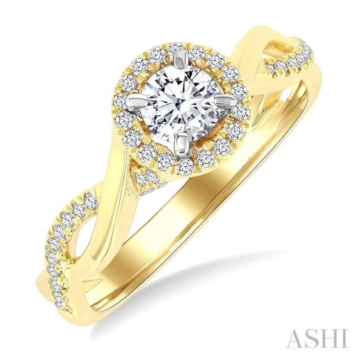 1/2 Ctw Circular Shape Open Twist Shank With 1/3 Ctw Center Stone Round Cut Diamond Halo Engagement Ring in 14K Yellow and White Gold