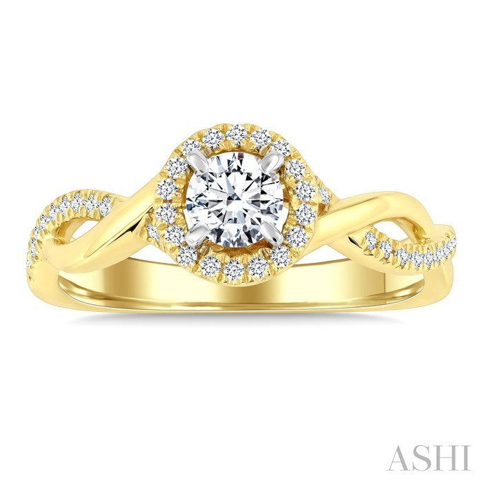 1/2 Ctw Circular Shape Open Twist Shank With 1/3 Ctw Center Stone Round Cut Diamond Halo Engagement Ring in 14K Yellow and White Gold