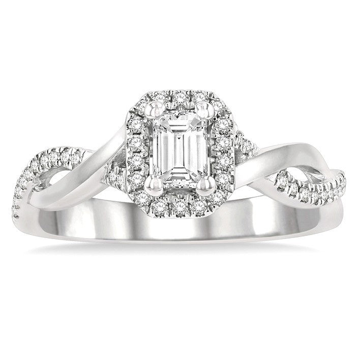 1/5 Ctw Twisted Shank Emerald Shape Round Cut Diamond Semi-Mount Engagement Ring in 14K White Gold