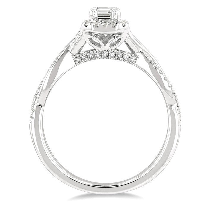 1/5 Ctw Twisted Shank Emerald Shape Round Cut Diamond Semi-Mount Engagement Ring in 14K White Gold