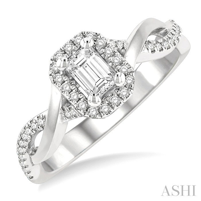 1/5 Ctw Twisted Shank Emerald Shape Round Cut Diamond Semi-Mount Engagement Ring in 14K White Gold