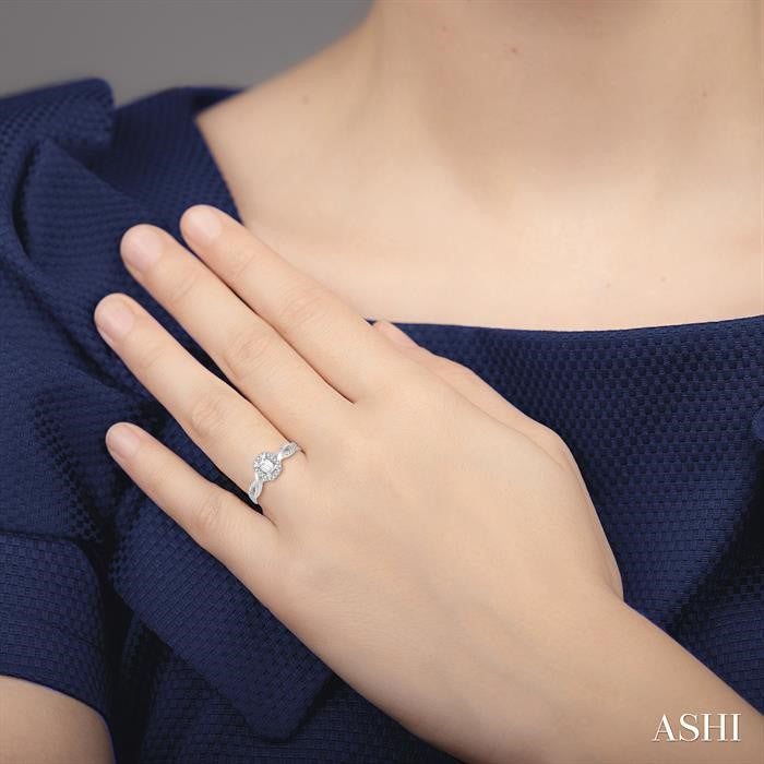 1/5 Ctw Twisted Shank Emerald Shape Round Cut Diamond Semi-Mount Engagement Ring in 14K White Gold
