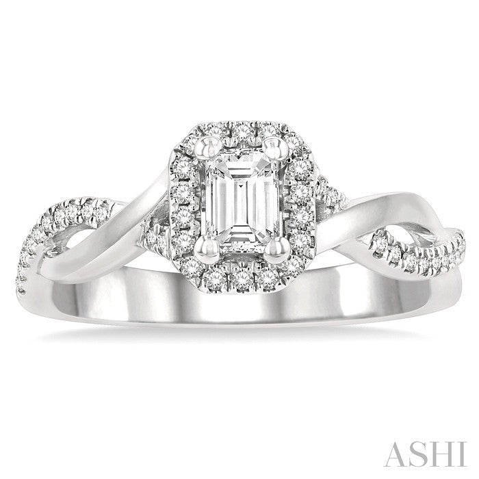 1/5 Ctw Twisted Shank Emerald Shape Round Cut Diamond Semi-Mount Engagement Ring in 14K White Gold