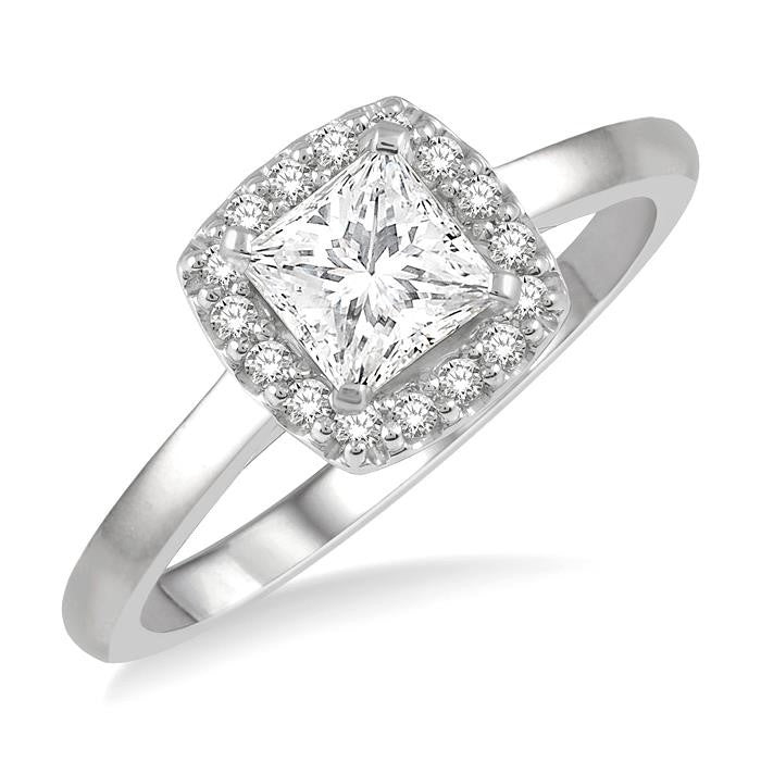 5/8 Ctw Halo Round Cut Diamond Ladies Engagement Ring With 1/2 Ct Princess Cut Center Stone in 14K White Gold