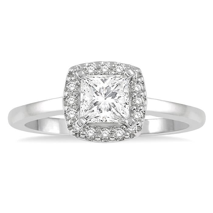 5/8 Ctw Halo Round Cut Diamond Ladies Engagement Ring With 1/2 Ct Princess Cut Center Stone in 14K White Gold