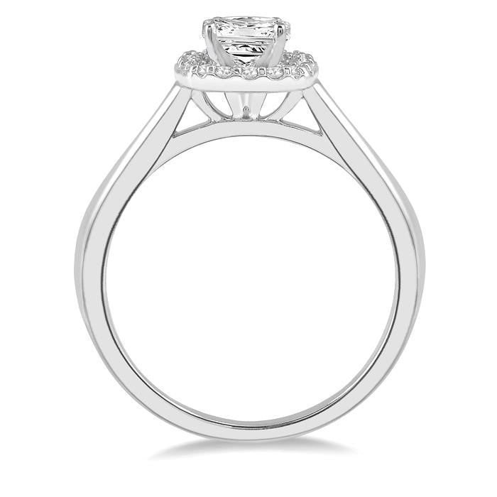 5/8 Ctw Halo Round Cut Diamond Ladies Engagement Ring With 1/2 Ct Princess Cut Center Stone in 14K White Gold