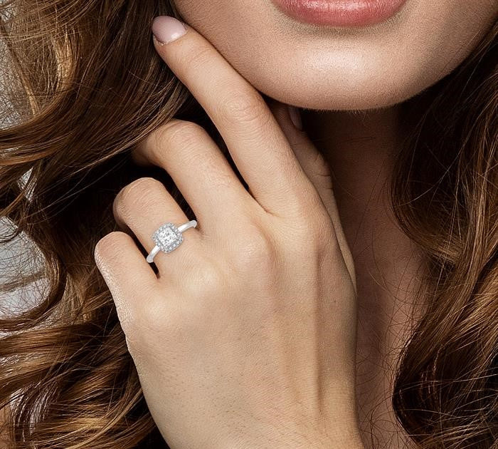 5/8 Ctw Halo Round Cut Diamond Ladies Engagement Ring With 1/2 Ct Princess Cut Center Stone in 14K White Gold