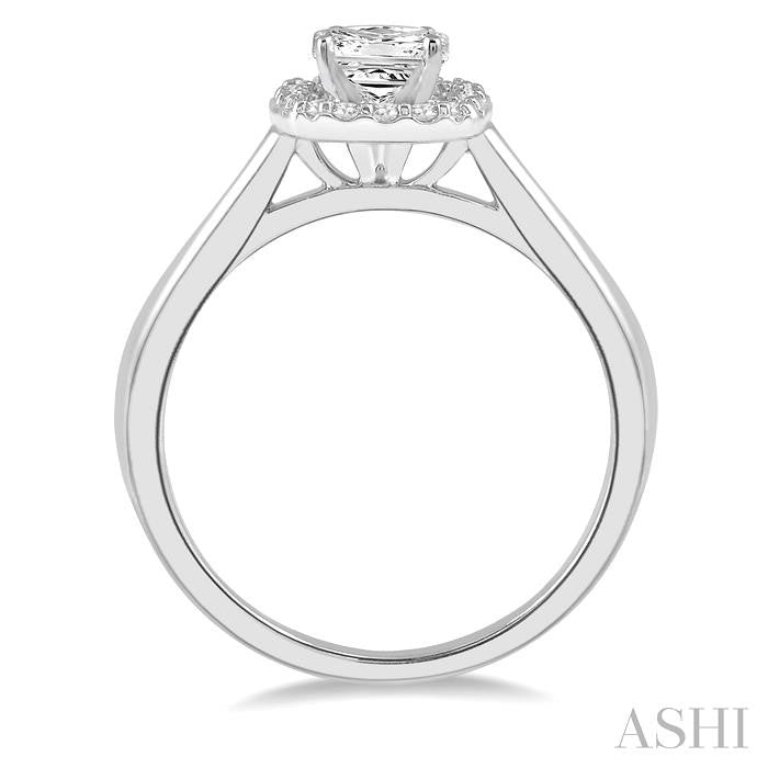 5/8 Ctw Halo Round Cut Diamond Ladies Engagement Ring With 1/2 Ct Princess Cut Center Stone in 14K White Gold