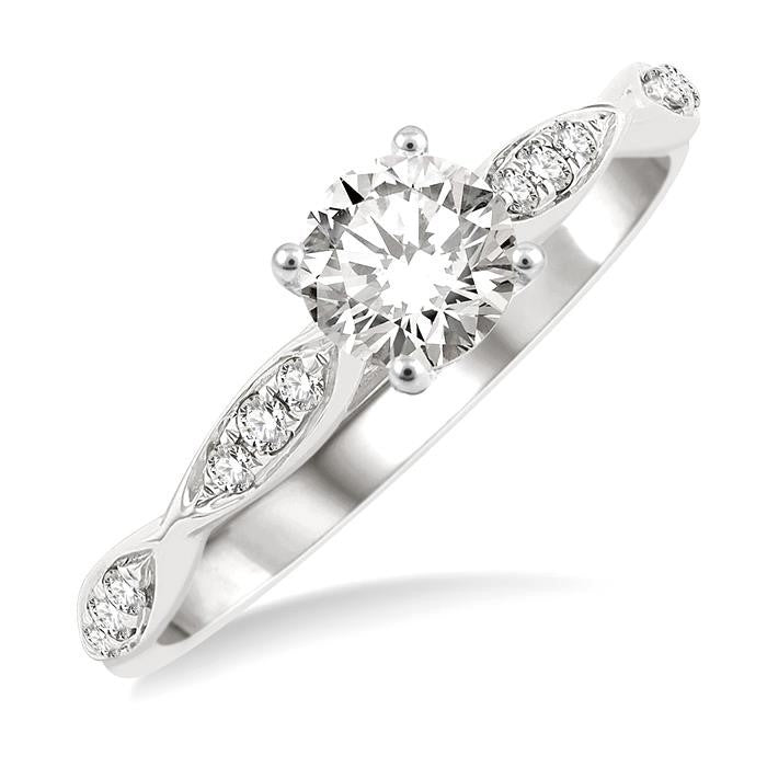1/2 Ctw Marquise-Carved Shank Engagement Ring With 1/3 Ct Round Cut Diamond Center Stone in 14K White Gold