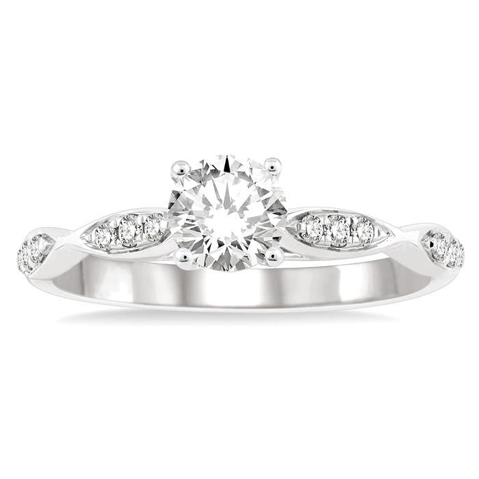 1/2 Ctw Marquise-Carved Shank Engagement Ring With 1/3 Ct Round Cut Diamond Center Stone in 14K White Gold
