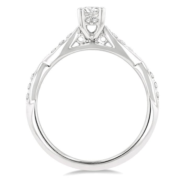 1/2 Ctw Marquise-Carved Shank Engagement Ring With 1/3 Ct Round Cut Diamond Center Stone in 14K White Gold